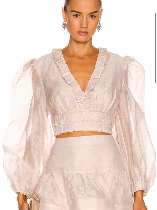 Zimmermann Tops - Zimmermann Pale Blush Ruffled V-Neck Puff Sleeve Crop Top - Small